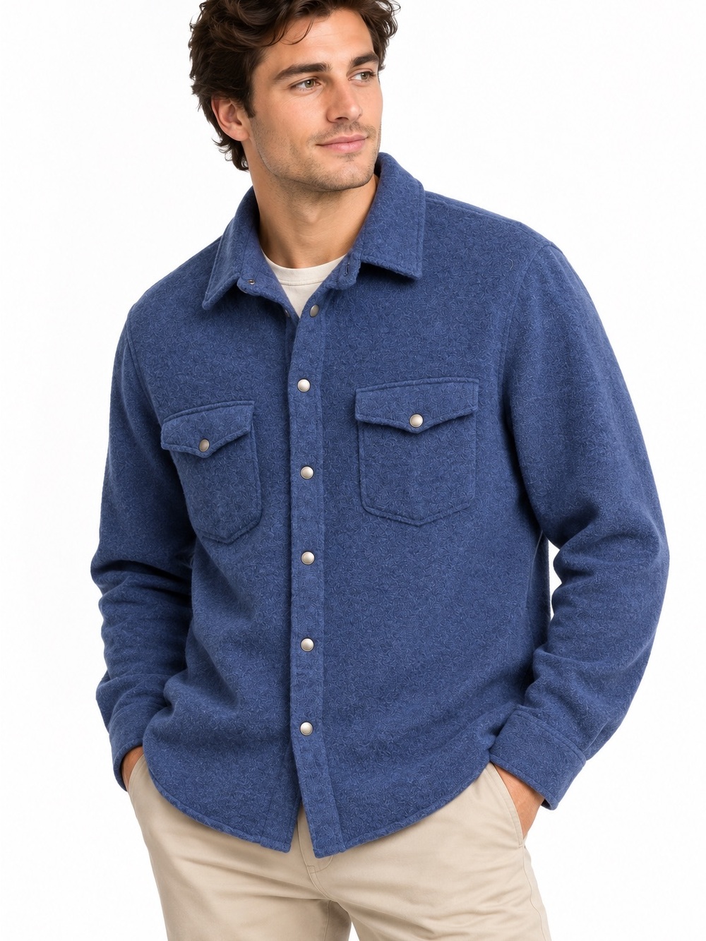Brunello Cucinelli Men's Navy Wool Cashmere Silk Snap Front Overshirt Size 52